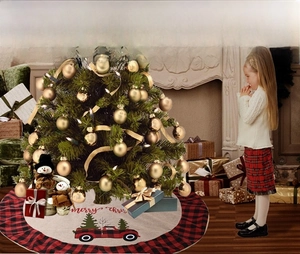 Linen Christmas tree skirt with vintage red truck design and red black plaid border