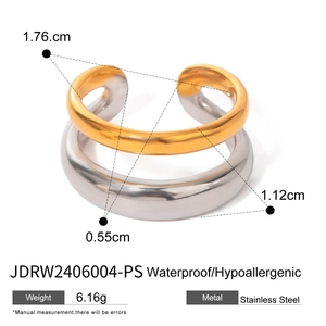 Dual-tone 18k gold and silver stainless steel open ring with detailed measurements