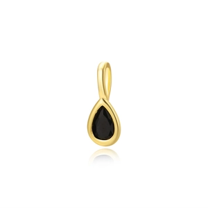 Macro view of 18k gold plated teardrop pendant featuring a black zircon stone setting