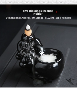Detail of black ceramic backflow incense burner with smoke effect, 10.5x7.2x7.0 cm