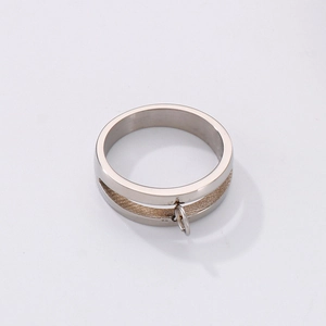 Sleek silver stainless steel ring with textured groove and hanging bail on white background
