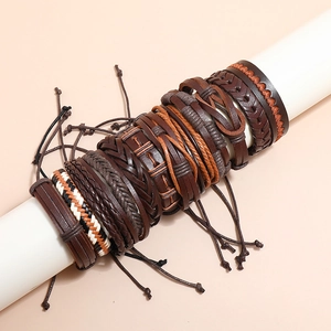 Retro braided leather bracelet set featuring brown and black PU leather wraps for men and women