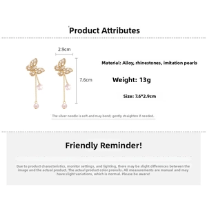 Detailed specs of butterfly tassel earrings with rhinestones, pearls and dimensions