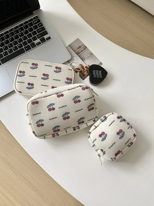Three-piece cherry pattern canvas storage set including large and small makeup bags