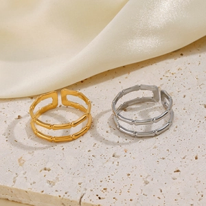 Bague ouverte double couche en acier inoxydable style bambou en or et argenté