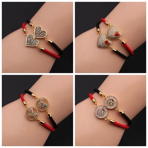 Handmade Braided Rope Bracelet Copper Heart Sunflower Charm Colorful Cubic Zirconia Adjustable Jewelry For Women Couples