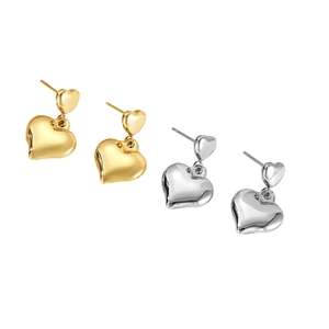 Minimalist double heart dangle earrings in polished gold and silver finish for women