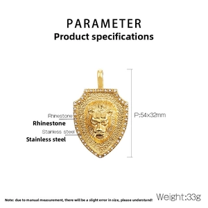Detailed size parameter view of the gold lion shield pendant with rhinestone inlay