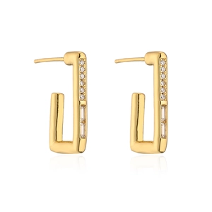 18K gold plated U-shaped geometric earrings with sparkling zircon gemstones on white background