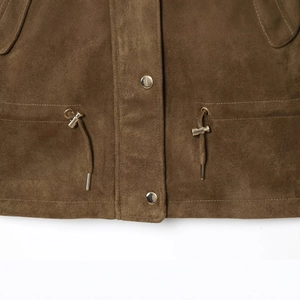 Brown suede hooded drawstring jacket featuring polished metallic snap buttons and details