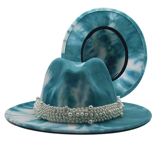 Blue and white tie-dye wool fedora hat with elegant pearl band and wide brim design