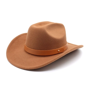 Brown western cowboy wool felt hat with leather band and gold rivet detail on white background