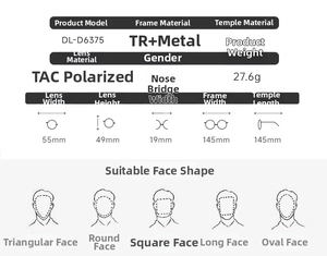 Detailed size specifications for polarized half-frame sunglasses with TR metal frames