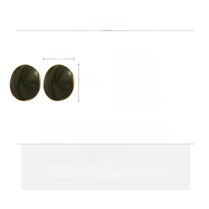 Detail view of dark green oval earrings with gold-plated copper edges and dimensions