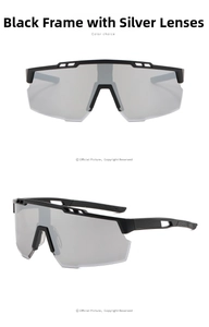 Detail view of black matte sports sunglasses with silver mirrored lenses and hollow arms