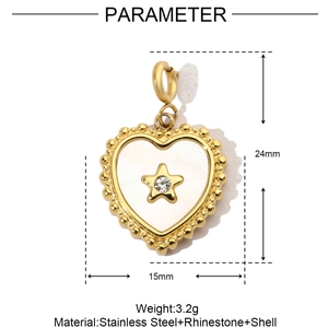 Detail view of heart-shaped shell pendant with size parameters and stainless steel specs
