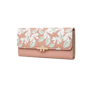 Detail of long floral flap wallet featuring golden buckle and elegant faux leather texture
