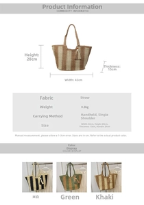 Detailed view of striped straw tote bag showing dimensions 42cm width and bead tassel