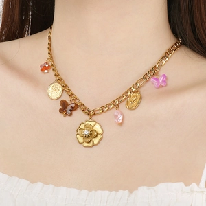 Golden Cuban chain necklace with lion rose pendant and colorful butterfly charms