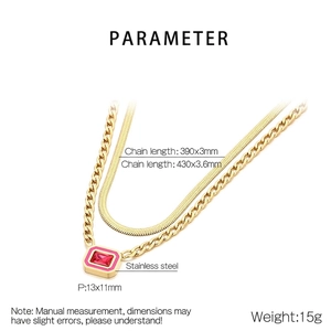 Detailed specs of double-layer Cuban and snake chain with red gem pendant in stainless steel
