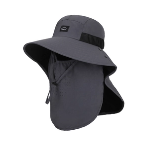Dark grey outdoor sun hat with wide brim, detachable face mask and neck flap for fishing