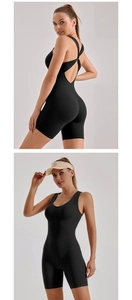 Detail view of black compression sports romper with criss-cross back and padded bust