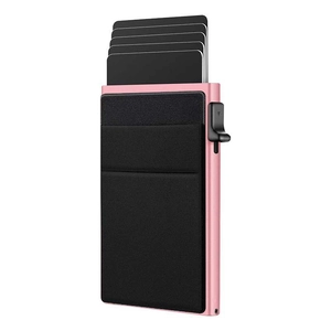 Pink aluminum RFID card holder with black elastic pocket showing automatic pop-up slots