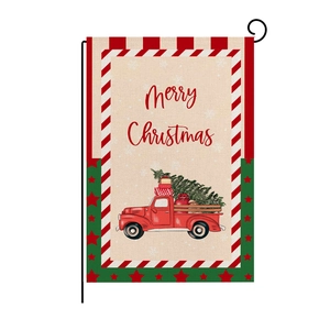 Linen Christmas garden flag with vintage red truck and Merry Christmas text decor