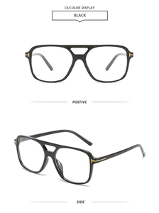 Detail of square pilot sunglasses featuring golden T-shaped hinges and double bridge design