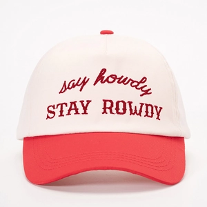 Retro baseball cap with Stay Rowdy embroidery in cream and red contrast colors