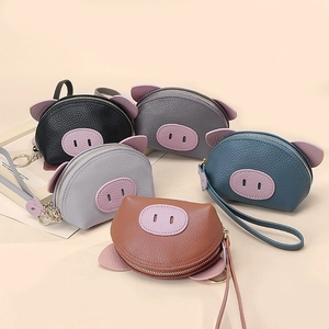 Cute cartoon pig genuine leather coin purses in five colors with wrist strap and keychain