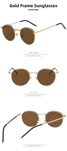 Three views of retro round sunglasses with gold metal frame and amber tinted lenses