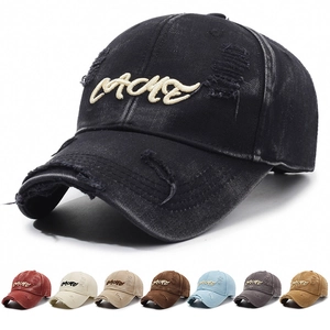 Vintage Distressed Baseball Cap Washed Cotton Ripped Hole Letter Embroidery Adjustable Retro Casual Hat For Men Women