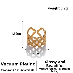 Detail showing the 1.19cm height and hollow cross pattern of the adjustable gold ring