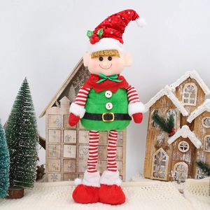 Standing Christmas elf doll with sequin pointed hat and red green striped legs decor