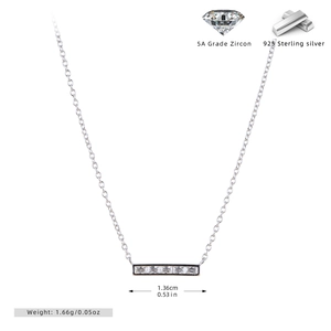 Detail of 925 sterling silver necklace with 5A zircon bar pendant and dimension specs