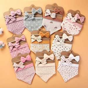Baby Bibs And Bow Headbands Muslin Cotton Waterproof Triangle Saliva Towel Floral Print Headwear For Infants Toddlers