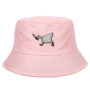 Pink cotton bucket hat with cute goose holding a knife embroidery in a clean front view