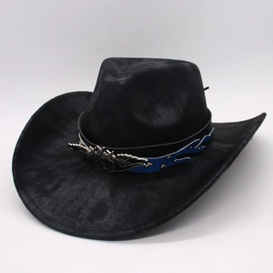 Black cowboy hat with silver wing ornament and flame pattern band on a plain background