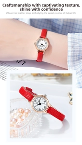 Detail of elegant red leather strap and roman numeral dial on a vintage women watch