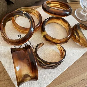 Retro amber acrylic resin open cuffs and geometric round bangles for women