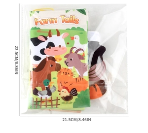 Farm Tails baby cloth book with 3D animal tails and dimensional sizing information