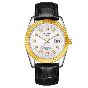 Classic men's quartz watch with silver steel case, gold bezel and black leather strap