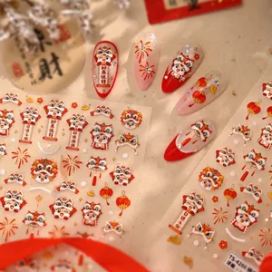Chinese Lion Dance Nail Art Stickers 3D Embossed Self Adhesive New Year Festival Red Gold Traditional Lucky Design