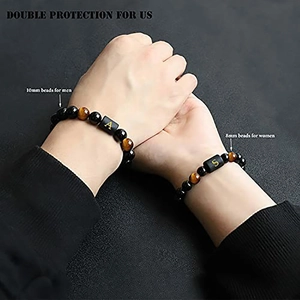 10mm Onyx and Tiger Eye beaded bracelets for couples with initial letter charms