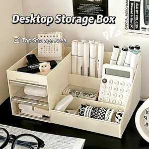 Creamy white desktop organizer with transparent drawers and multi-grid pen holder