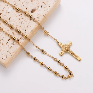 Golden stainless steel rosary necklace with beaded chain and INRI crucifix pendant