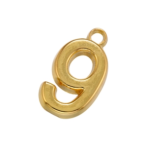 Detailed close-up of 18K gold plated number 9 pendant charm with polished finish surface