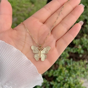 18K gold plated butterfly necklace with zircon stones and a trendy paperclip chain style