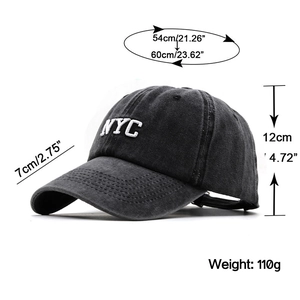 Détails de la casquette en denim délavé avec broderie NYC et mesures de taille